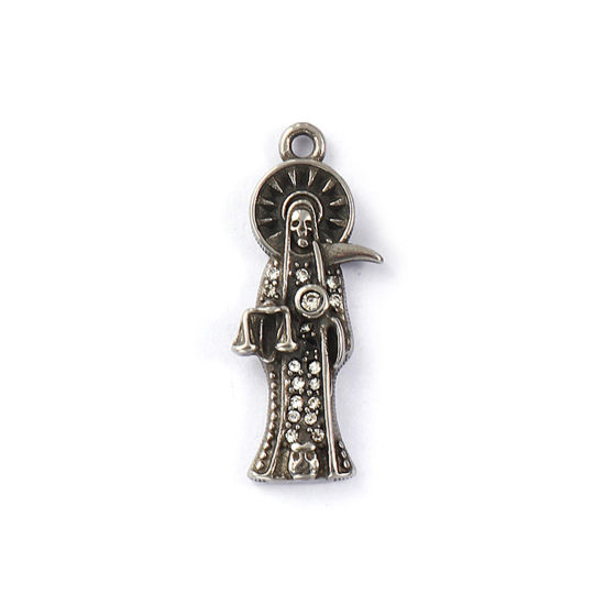 Immagine di 1 Pz Ecologico 304 Acciaio Inossidabile Halloween Ciondoli Pendenti Argento Antico Morte Micro Spianare Trasparente Cubic Zirconiae 3.7cm x 1.5cm