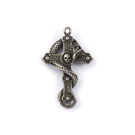 Immagine di 1 Pz Ecologico 304 Acciaio Inossidabile Ciondoli Pendenti Argento Antico Croce Teschio di Scheletro di Halloween 3D 4.7cm x 2.9cm