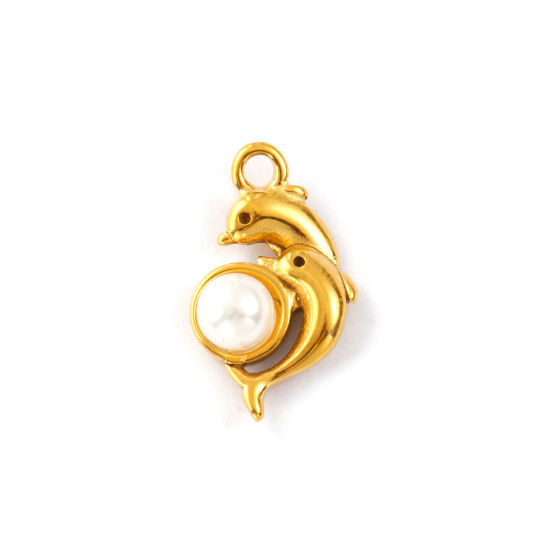 Bild von 2 Stück Umweltfreundliche PVD-Vakuumbeschichtung 304 Edelstahl Ozean Schmuck Charms 18K Echtgold plattiert Weiß Delfine Acryl Imitat Perle 25mm x 15mm