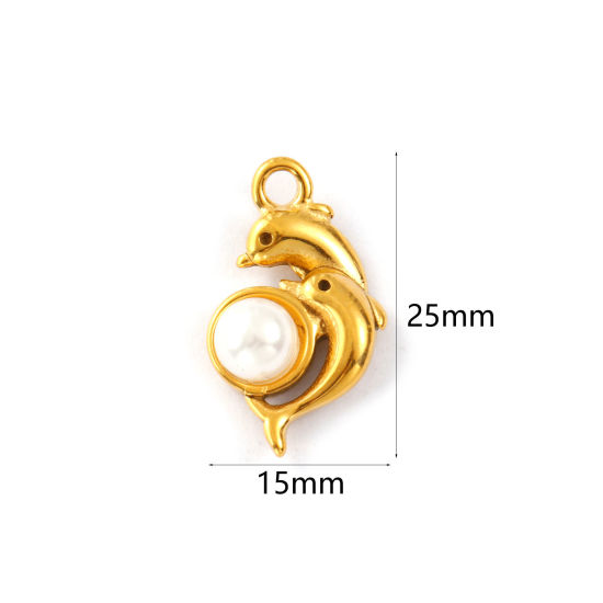 Bild von 2 Stück Umweltfreundliche PVD-Vakuumbeschichtung 304 Edelstahl Ozean Schmuck Charms 18K Echtgold plattiert Weiß Delfine Acryl Imitat Perle 25mm x 15mm