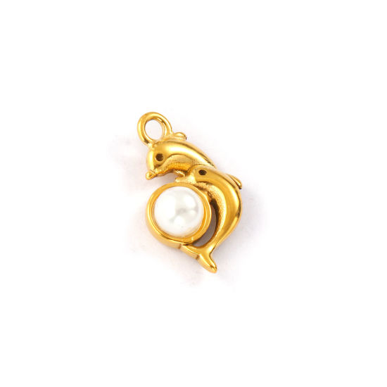 Bild von 2 Stück Umweltfreundliche PVD-Vakuumbeschichtung 304 Edelstahl Ozean Schmuck Charms 18K Echtgold plattiert Weiß Delfine Acryl Imitat Perle 25mm x 15mm