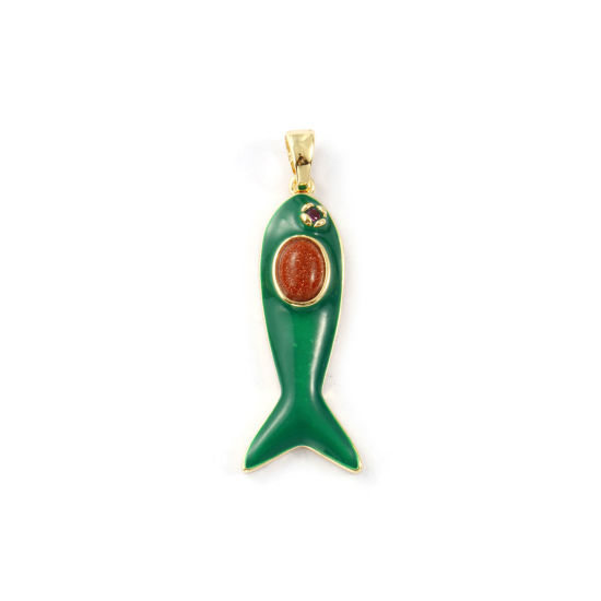 Изображение 1 Piece Eco-friendly Brass & Gold Sand Stone Ocean Jewelry Pendants 18K Real Gold Plated Green Enamel Fish Animal Fuchsia Cubic Zirconia 4.5cm x 1.6cm