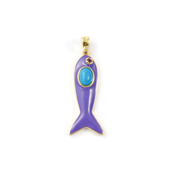 Изображение 1 Piece Eco-friendly Brass & Turquoise Ocean Jewelry Pendants 18K Real Gold Plated Purple Enamel Fish Animal Fuchsia Cubic Zirconia 4.5cm x 1.6cm