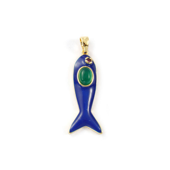Изображение 1 Piece Eco-friendly Brass & Agate Ocean Jewelry Pendants 18K Real Gold Plated Dark Blue Enamel Fish Animal Fuchsia Cubic Zirconia 4.5cm x 1.6cm