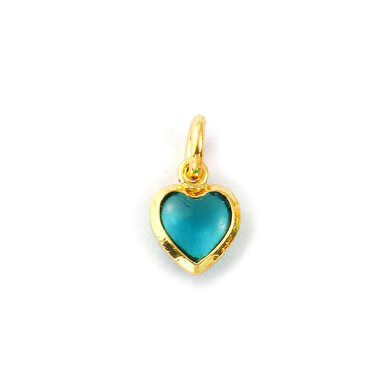 Изображение 2 PCs Eco-friendly Brass & Glass Valentine's Day Charms 18K Real Gold Plated Peacock Green Heart Mini 12mm x 7mm