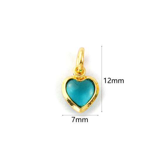 Изображение 2 PCs Eco-friendly Brass & Glass Valentine's Day Charms 18K Real Gold Plated Peacock Green Heart Mini 12mm x 7mm