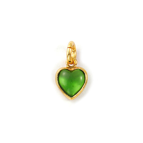 Изображение 2 PCs Eco-friendly Brass & Glass Valentine's Day Charms 18K Real Gold Plated Green Heart Mini 12mm x 7mm