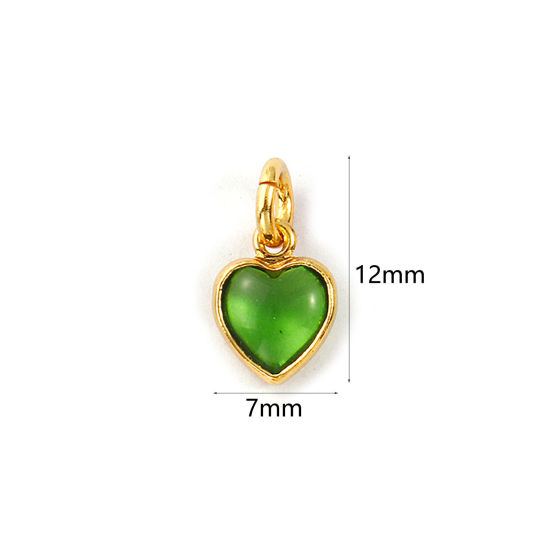 Изображение 2 PCs Eco-friendly Brass & Glass Valentine's Day Charms 18K Real Gold Plated Green Heart Mini 12mm x 7mm