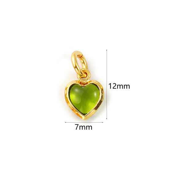 Изображение 2 PCs Eco-friendly Brass & Glass Valentine's Day Charms 18K Real Gold Plated Olive Green Heart Mini 12mm x 7mm