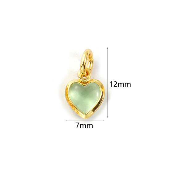 Изображение 2 PCs Eco-friendly Brass & Glass Valentine's Day Charms 18K Real Gold Plated Light Green Heart Mini 12mm x 7mm