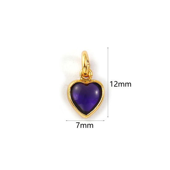 Изображение 2 PCs Eco-friendly Brass & Glass Valentine's Day Charms 18K Real Gold Plated Purple Heart Mini 12mm x 7mm