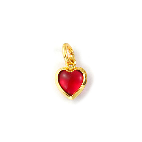 Изображение 2 PCs Eco-friendly Brass & Glass Valentine's Day Charms 18K Real Gold Plated Red Heart Mini 12mm x 7mm