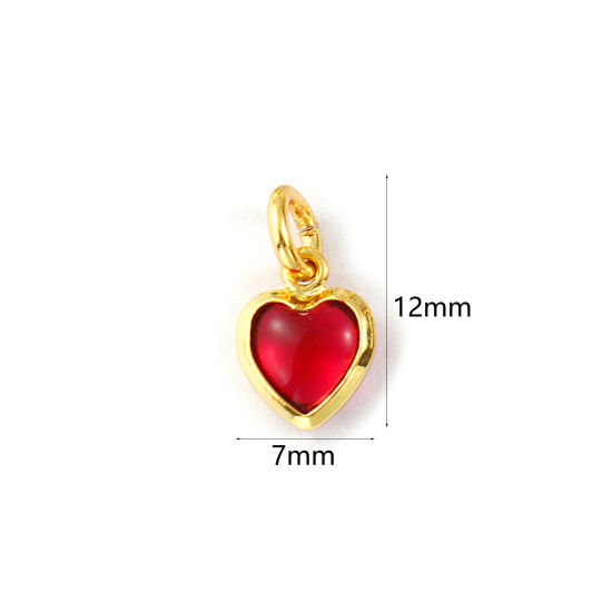 Изображение 2 PCs Eco-friendly Brass & Glass Valentine's Day Charms 18K Real Gold Plated Red Heart Mini 12mm x 7mm