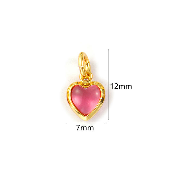 Изображение 2 PCs Eco-friendly Brass & Glass Valentine's Day Charms 18K Real Gold Plated Pink Heart Mini 12mm x 7mm