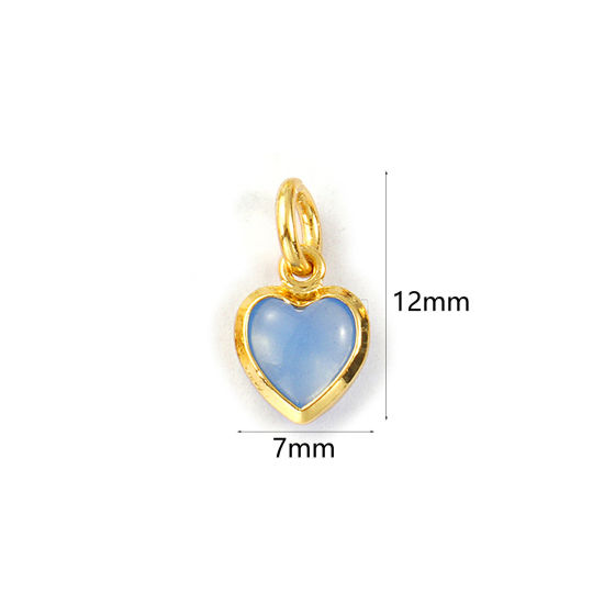 Изображение 2 PCs Eco-friendly Brass & Glass Valentine's Day Charms 18K Real Gold Plated Aqua Blue Heart Mini 12mm x 7mm