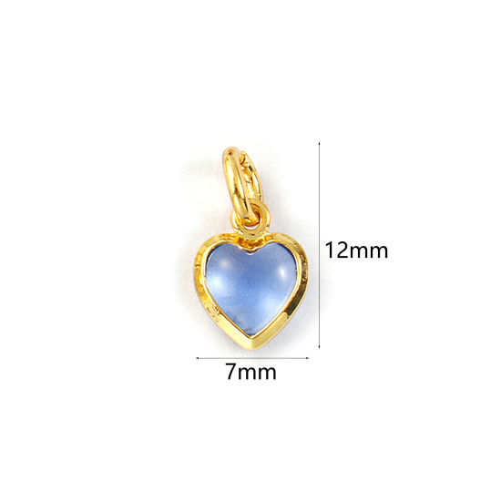Изображение 2 PCs Eco-friendly Brass & Glass Valentine's Day Charms 18K Real Gold Plated Light Blue Heart Mini 12mm x 7mm