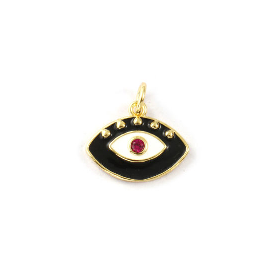 Immagine di 1 Piece Eco-friendly Brass Charms 18K Real Gold Plated Black Enamel Eye Fuchsia Cubic Zirconia 16mm x 16mm