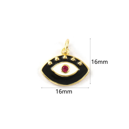 Immagine di 1 Piece Eco-friendly Brass Charms 18K Real Gold Plated Black Enamel Eye Fuchsia Cubic Zirconia 16mm x 16mm
