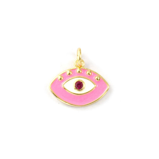 Immagine di 1 Piece Eco-friendly Brass Charms 18K Real Gold Plated Pink Enamel Eye Fuchsia Cubic Zirconia 16mm x 16mm