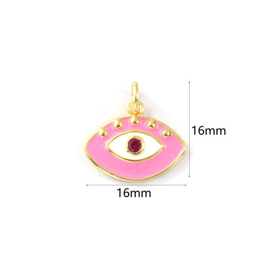 Immagine di 1 Piece Eco-friendly Brass Charms 18K Real Gold Plated Pink Enamel Eye Fuchsia Cubic Zirconia 16mm x 16mm