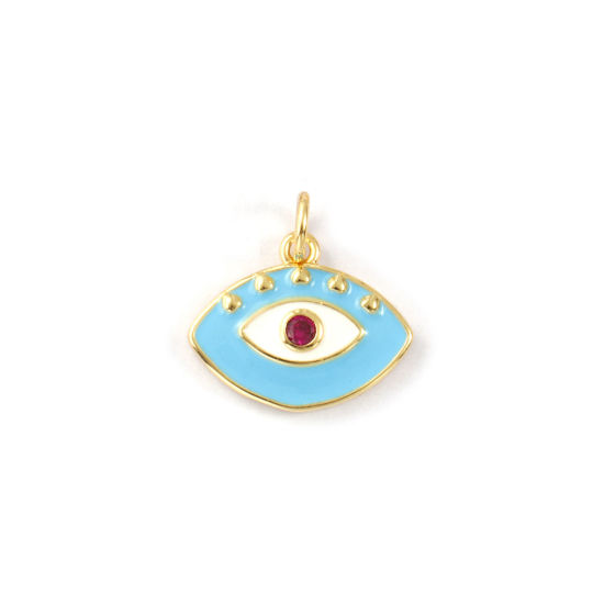 Immagine di 1 Piece Eco-friendly Brass Charms 18K Real Gold Plated Blue Enamel Eye Fuchsia Cubic Zirconia 16mm x 16mm