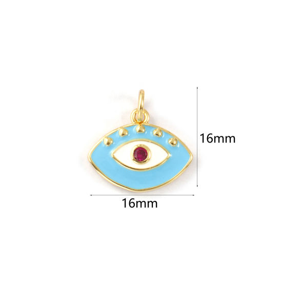 Immagine di 1 Piece Eco-friendly Brass Charms 18K Real Gold Plated Blue Enamel Eye Fuchsia Cubic Zirconia 16mm x 16mm