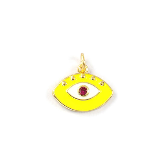 Immagine di 1 Piece Eco-friendly Brass Charms 18K Real Gold Plated Yellow Enamel Eye Fuchsia Cubic Zirconia 16mm x 16mm