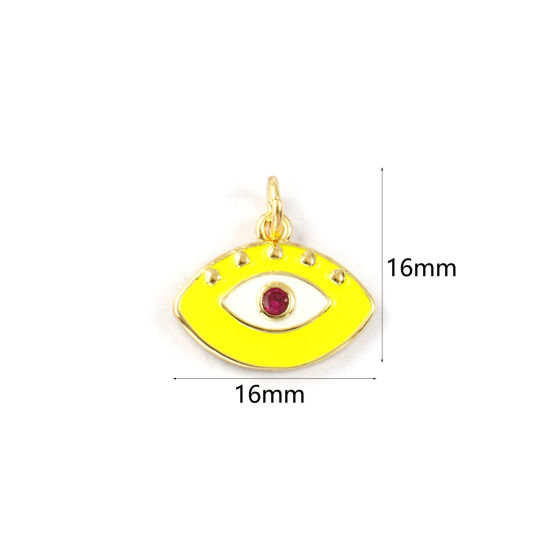 Immagine di 1 Piece Eco-friendly Brass Charms 18K Real Gold Plated Yellow Enamel Eye Fuchsia Cubic Zirconia 16mm x 16mm