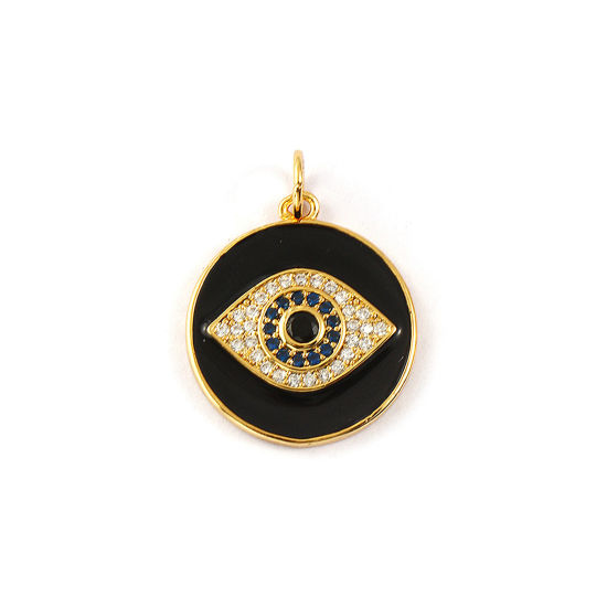 Immagine di 1 Piece Eco-friendly Brass Religious Charms 18K Real Gold Plated Black Enamel Round Disc Evil Eye Micro Pave Deep Blue Cubic Zirconia 23mm x 17mm