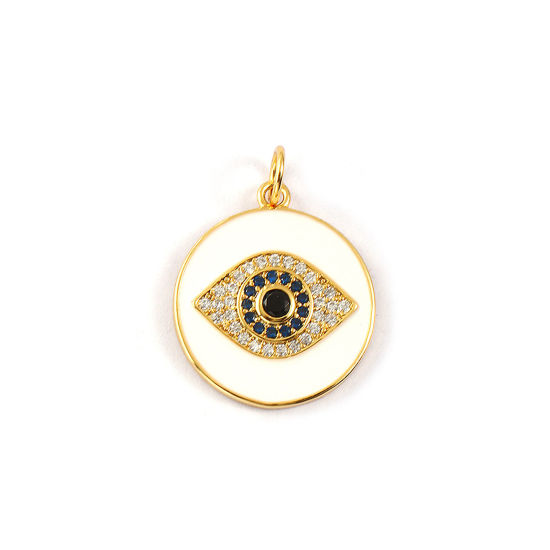 Immagine di 1 Piece Eco-friendly Brass Religious Charms 18K Real Gold Plated White Enamel Round Disc Evil Eye Micro Pave Deep Blue Cubic Zirconia 23mm x 17mm