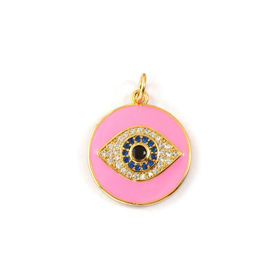 Immagine di 1 Piece Eco-friendly Brass Religious Charms 18K Real Gold Plated Pink Enamel Round Disc Evil Eye Micro Pave Deep Blue Cubic Zirconia 23mm x 17mm