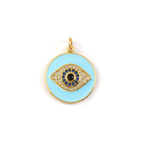 Immagine di 1 Piece Eco-friendly Brass Religious Charms 18K Real Gold Plated Blue Enamel Round Disc Evil Eye Micro Pave Deep Blue Cubic Zirconia 23mm x 17mm
