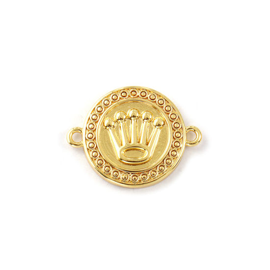 Picture of 2 PCs Eco-friendly Brass Connectors Charms Pendants 18K Real Gold Plated Round Disc Crown 22mm x 17mm