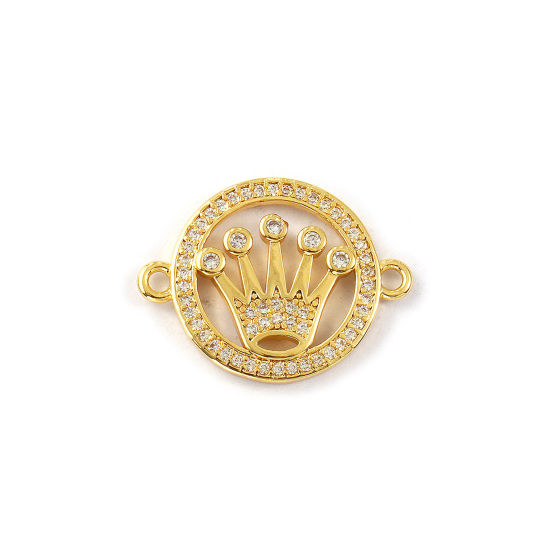 Picture of 2 PCs Eco-friendly Brass Connectors Charms Pendants 18K Real Gold Plated Round Crown Micro Pave Clear Cubic Zirconia 22mm x 17mm