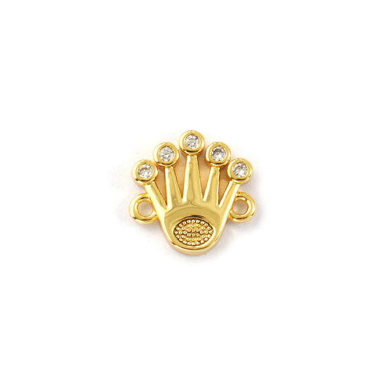 Picture of 2 PCs Eco-friendly Brass Connectors Charms Pendants 18K Real Gold Plated Crown Micro Pave Clear Cubic Zirconia 10mm x 10mm