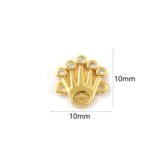 Picture of 2 PCs Eco-friendly Brass Connectors Charms Pendants 18K Real Gold Plated Crown Micro Pave Clear Cubic Zirconia 10mm x 10mm