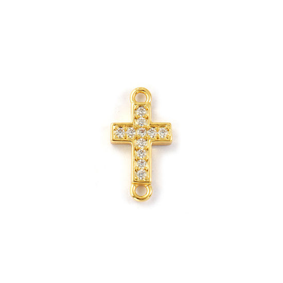 Picture of 2 PCs Eco-friendly Brass Religious Connectors Charms Pendants 18K Real Gold Plated Cross Micro Pave Clear Cubic Zirconia 15mm x 8mm