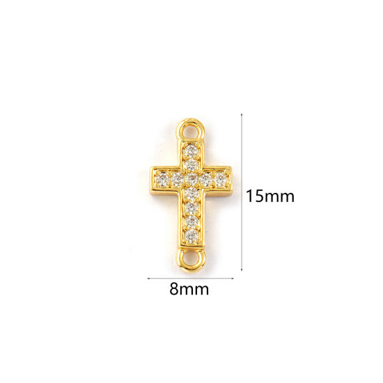 Picture of 2 PCs Eco-friendly Brass Religious Connectors Charms Pendants 18K Real Gold Plated Cross Micro Pave Clear Cubic Zirconia 15mm x 8mm