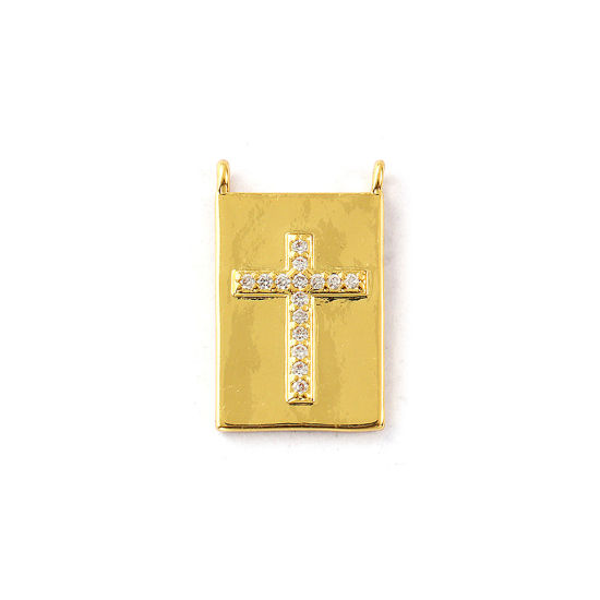 Picture of 2 PCs Eco-friendly Brass Religious Connectors Charms Pendants 18K Real Gold Plated Rectangle Cross Micro Pave Clear Cubic Zirconia 21mm x 13mm