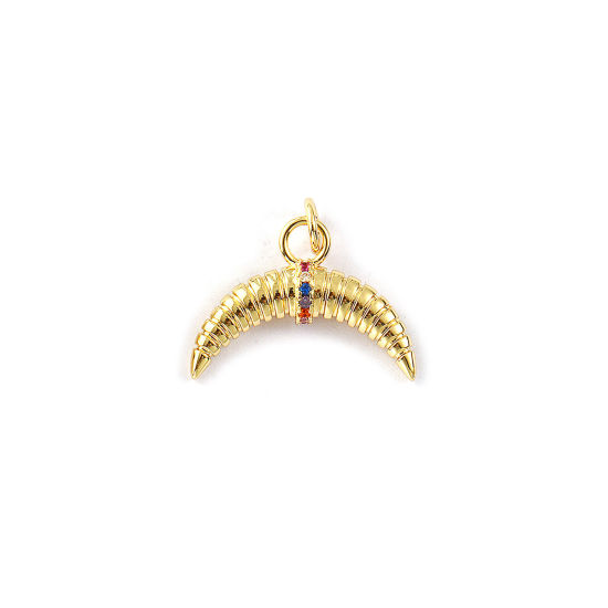 Picture of 2 PCs Eco-friendly Brass Galaxy Charms 18K Real Gold Plated Crescent Moon Double Horn Micro Pave Multicolour Cubic Zirconia 19mm x 17mm