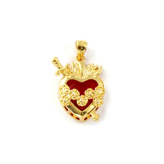 Image de 1 Piece Eco-friendly Brass Religious Charm Pendant 18K Real Gold Plated Ex Voto Heart Flower Red Cubic Zirconia 28mm x 17mm