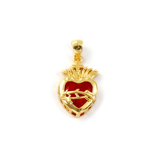 Image de 1 Piece Eco-friendly Brass Religious Charm Pendant 18K Real Gold Plated Ex Voto Heart Thorns Red Cubic Zirconia 25mm x 12mm