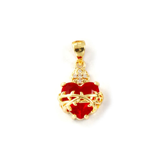 Image de 1 Piece Eco-friendly Brass Religious Charm Pendant 18K Real Gold Plated Ex Voto Heart Thorns Red Cubic Zirconia 22mm x 12mm