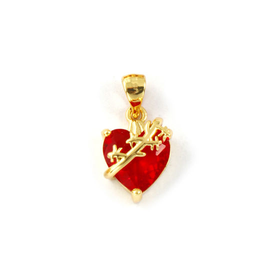 Image de 1 Piece Eco-friendly Brass Religious Charm Pendant 18K Real Gold Plated Ex Voto Heart Thorns Red Cubic Zirconia 20mm x 11mm