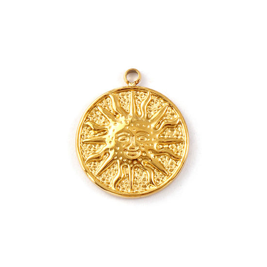 Изображение 1 Piece Eco-friendly PVD Vacuum Plating 304 Stainless Steel Galaxy Charms 18K Real Gold Plated Round Disc Sun 21mm x 18mm