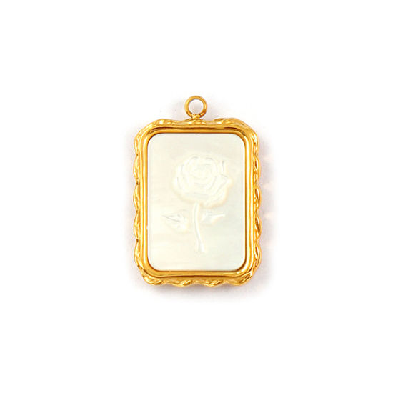 Изображение 1 Piece Eco-friendly PVD Vacuum Plating 304 Stainless Steel & Natural Shell Valentine's Day Charms 18K Real Gold Plated White Rectangle Rose Flower Message " We Belong Togather " Double Sided 21mm x 14mm
