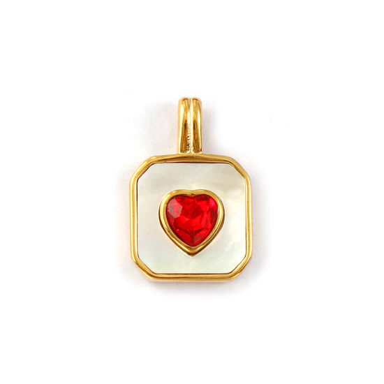 Изображение 1 Piece Eco-friendly PVD Vacuum Plating 304 Stainless Steel & Natural Shell Valentine's Day Charms 18K Real Gold Plated White Octagon Heart Red Rhinestone 23mm x 15mm
