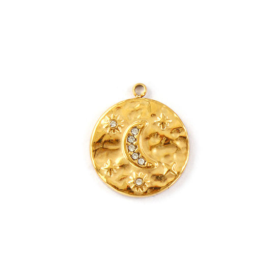 Изображение 1 Piece Eco-friendly PVD Vacuum Plating 304 Stainless Steel Galaxy Charms 18K Real Gold Plated Round Disc Moon Micro Pave Clear Cubic Zirconia 18.5mm x 16mm