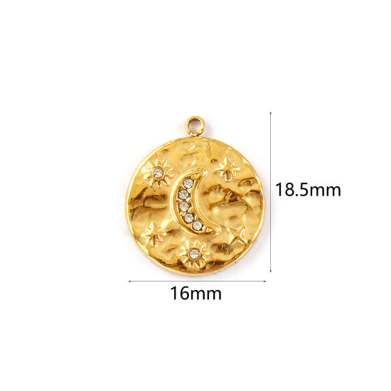 Изображение 1 Piece Eco-friendly PVD Vacuum Plating 304 Stainless Steel Galaxy Charms 18K Real Gold Plated Round Disc Moon Micro Pave Clear Cubic Zirconia 18.5mm x 16mm
