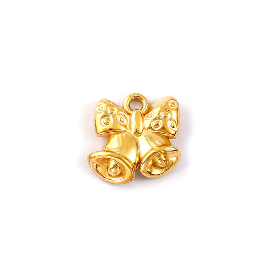 Изображение 1 Piece Eco-friendly PVD Vacuum Plating 304 Stainless Steel Charms 18K Real Gold Plated Christmas Jingle Bell Bowknot 14mm x 14mm